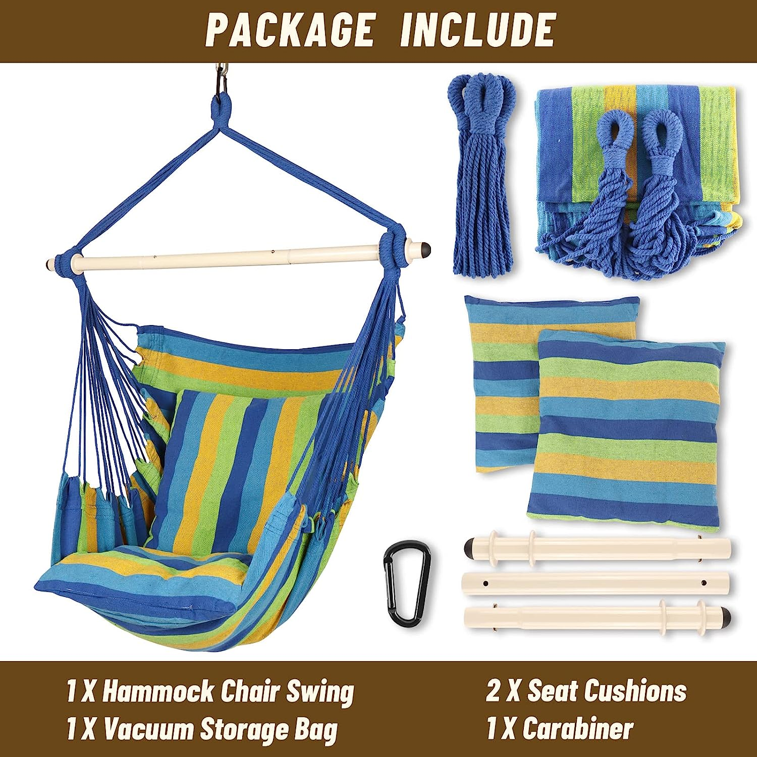 Hanging Hammock Chair with Cushions - Blue & Green