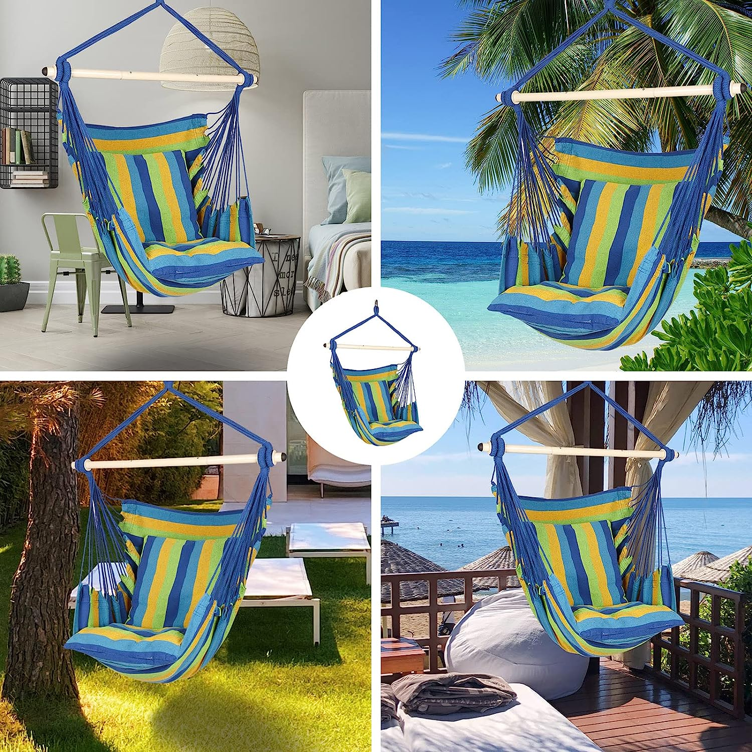 Hanging Hammock Chair with Cushions - Blue & Green